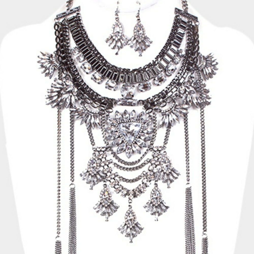 Silver Tier Bling & Chain Tassel Necklace Set